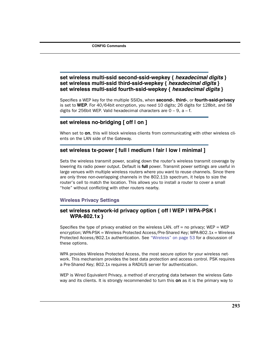 Wireless privacy settings, Ol cli command. see, Otected access/802.1x authentication. see | Wire | Netopia 2200 User Manual | Page 293 / 351