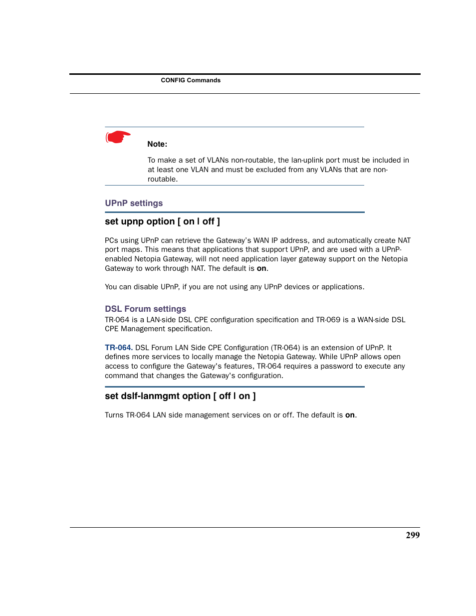 Upnp settings dsl forum settings tr-064 | Netopia 2200 User Manual | Page 299 / 351