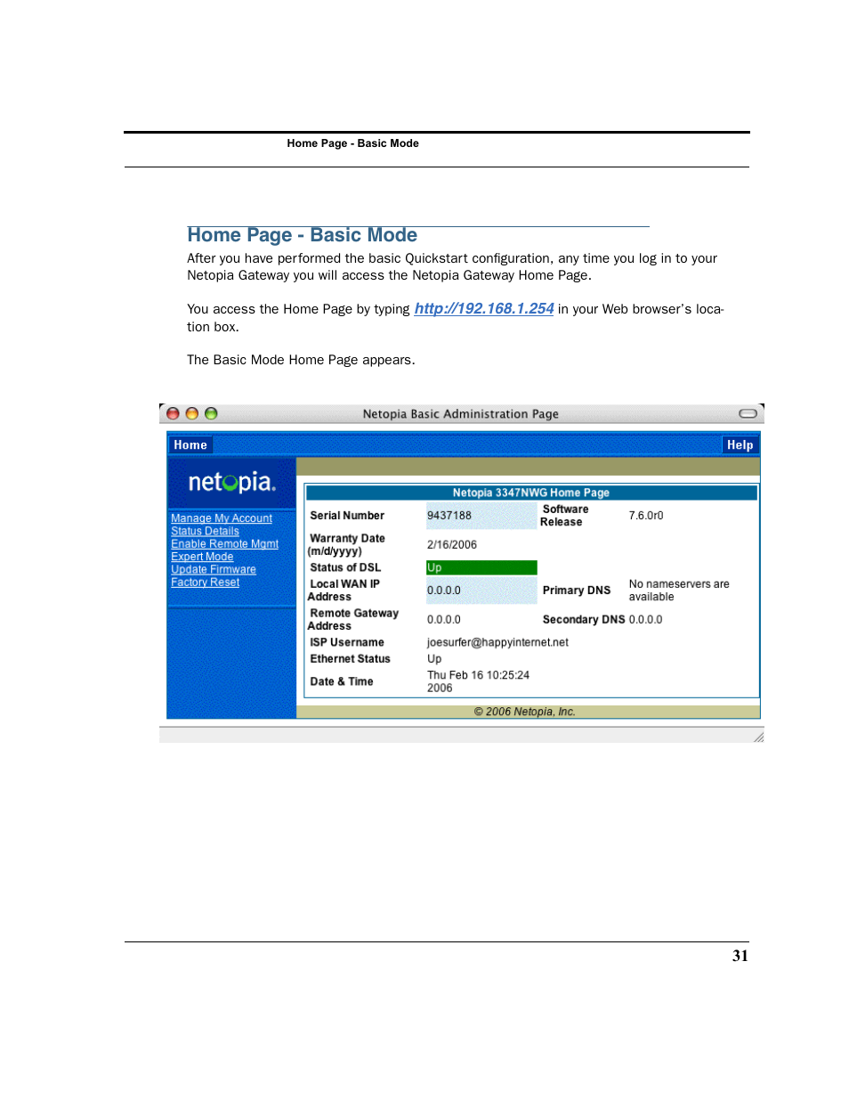 Home page - basic mode | Netopia 2200 User Manual | Page 31 / 351
