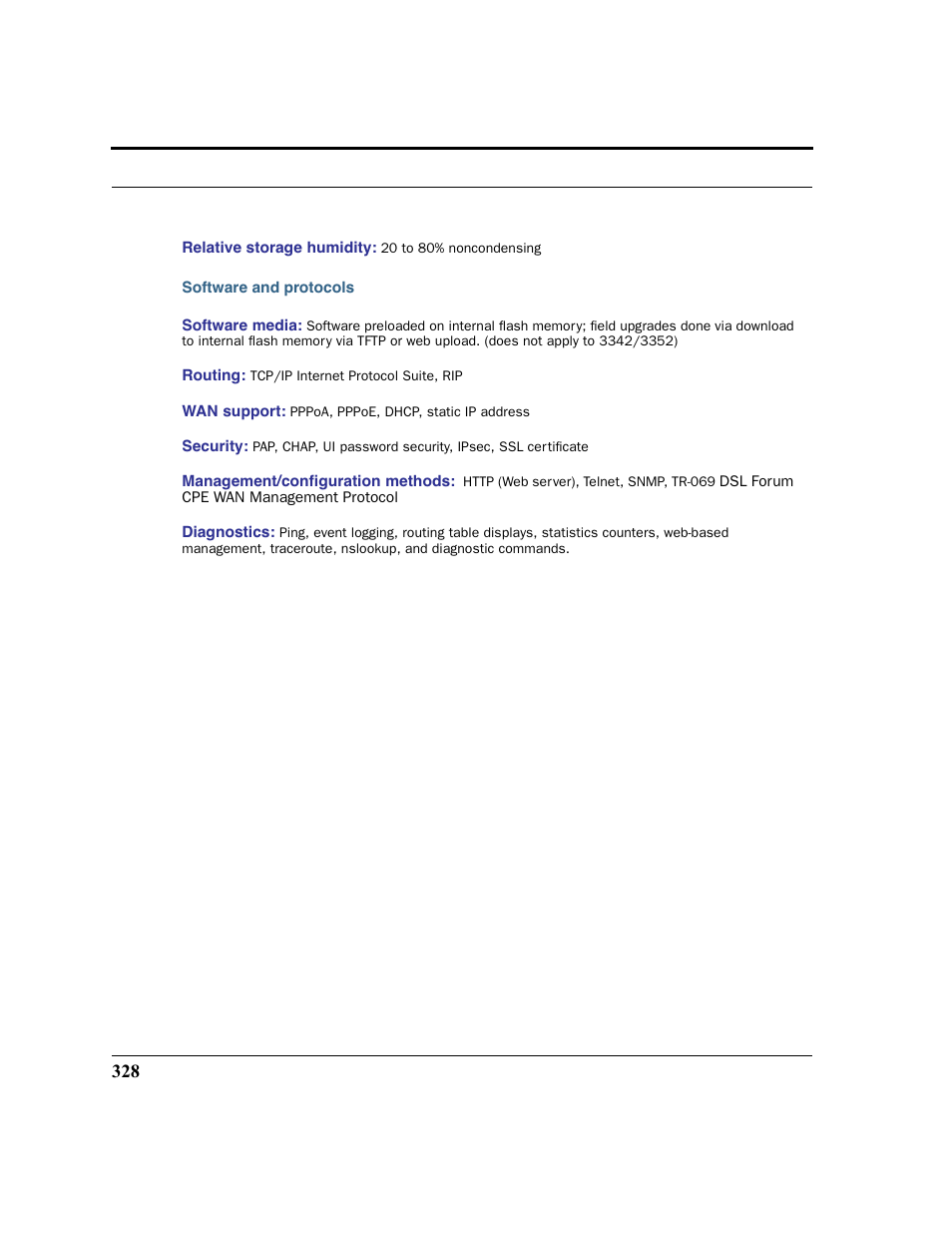 Software and protocols, Relative storage humidity | Netopia 2200 User Manual | Page 328 / 351