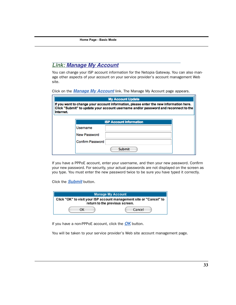 Link: manage my account, Manage my account | Netopia 2200 User Manual | Page 33 / 351