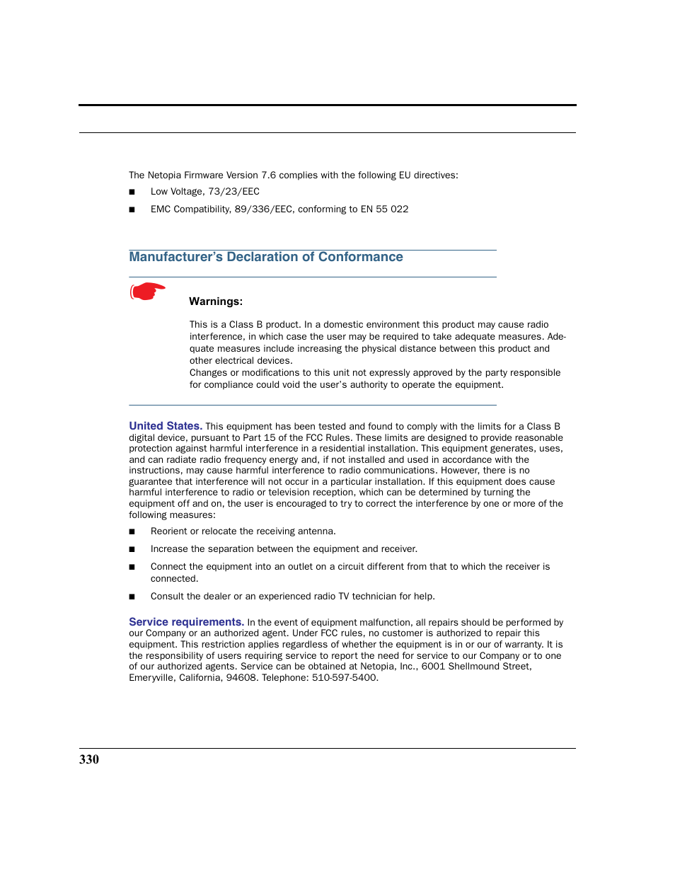 Manufacturer’s declaration of conformance, United states service requirements | Netopia 2200 User Manual | Page 330 / 351