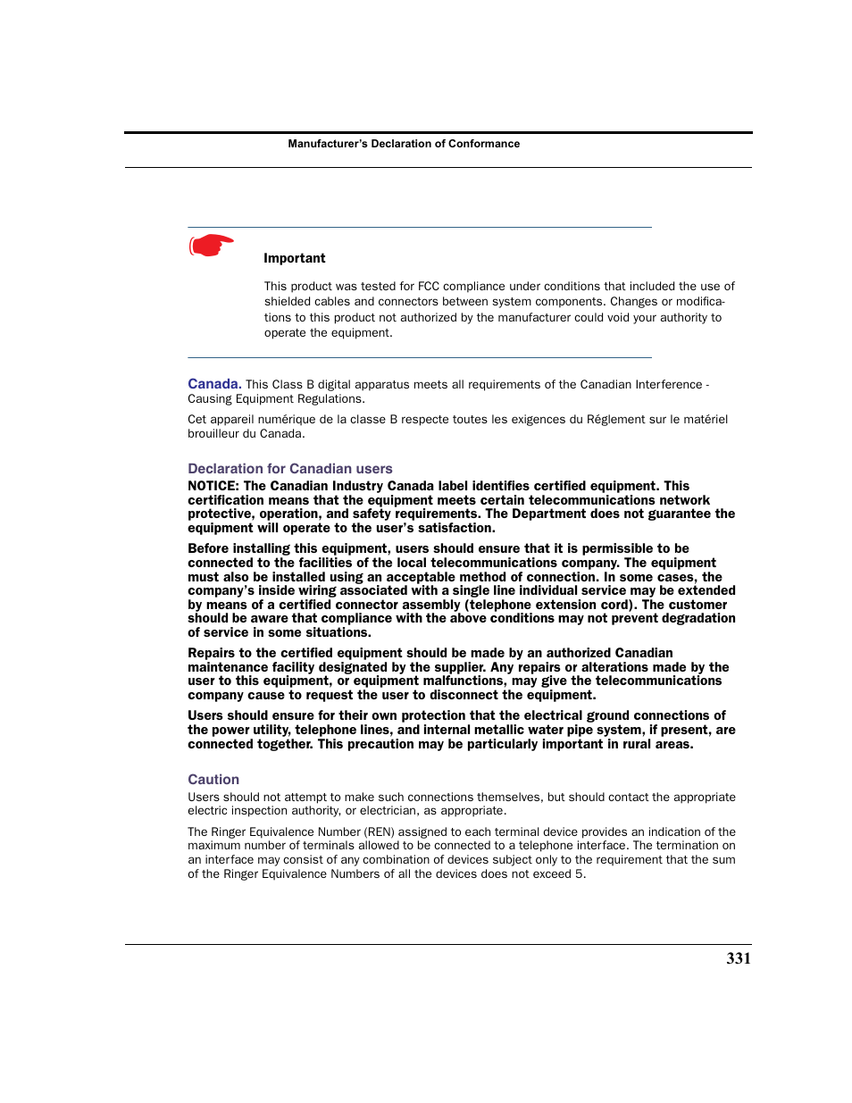 Canada declaration for canadian users caution | Netopia 2200 User Manual | Page 331 / 351