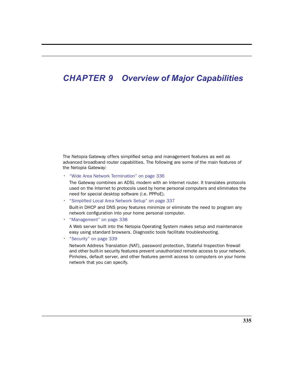 Chapter 9 overview of major capabilities, Chapter 9, Overview of major capabilities | Netopia 2200 User Manual | Page 335 / 351