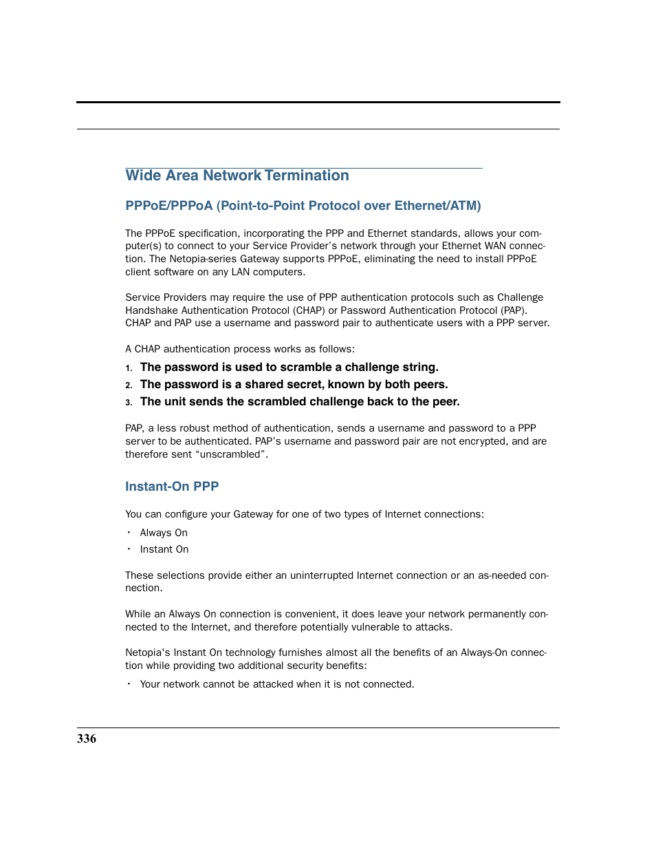 Wide area network termination, Instant-on ppp | Netopia 2200 User Manual | Page 336 / 351