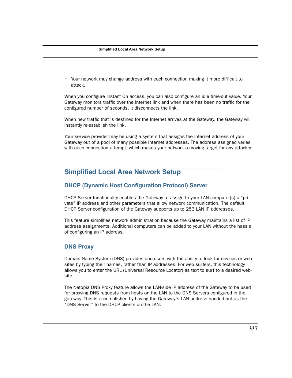 Simplified local area network setup, Dhcp (dynamic host configuration protocol) server, Dns proxy | Simpliﬁed local area network setup | Netopia 2200 User Manual | Page 337 / 351