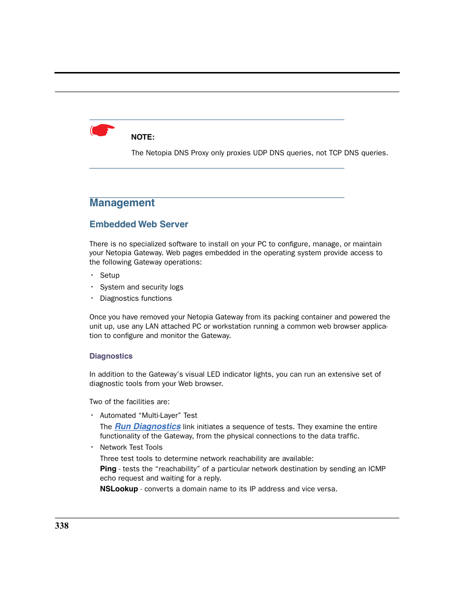 Management, Embedded web server, Diagnostics | Netopia 2200 User Manual | Page 338 / 351