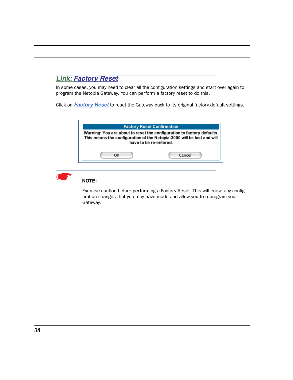 Link: factory reset, Factory reset | Netopia 2200 User Manual | Page 38 / 351
