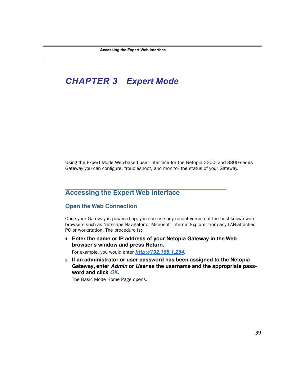 Chapter 3 expert mode, Accessing the expert web interface, Open the web connection | Chapter 3, Expert, Expert mode | Netopia 2200 User Manual | Page 39 / 351