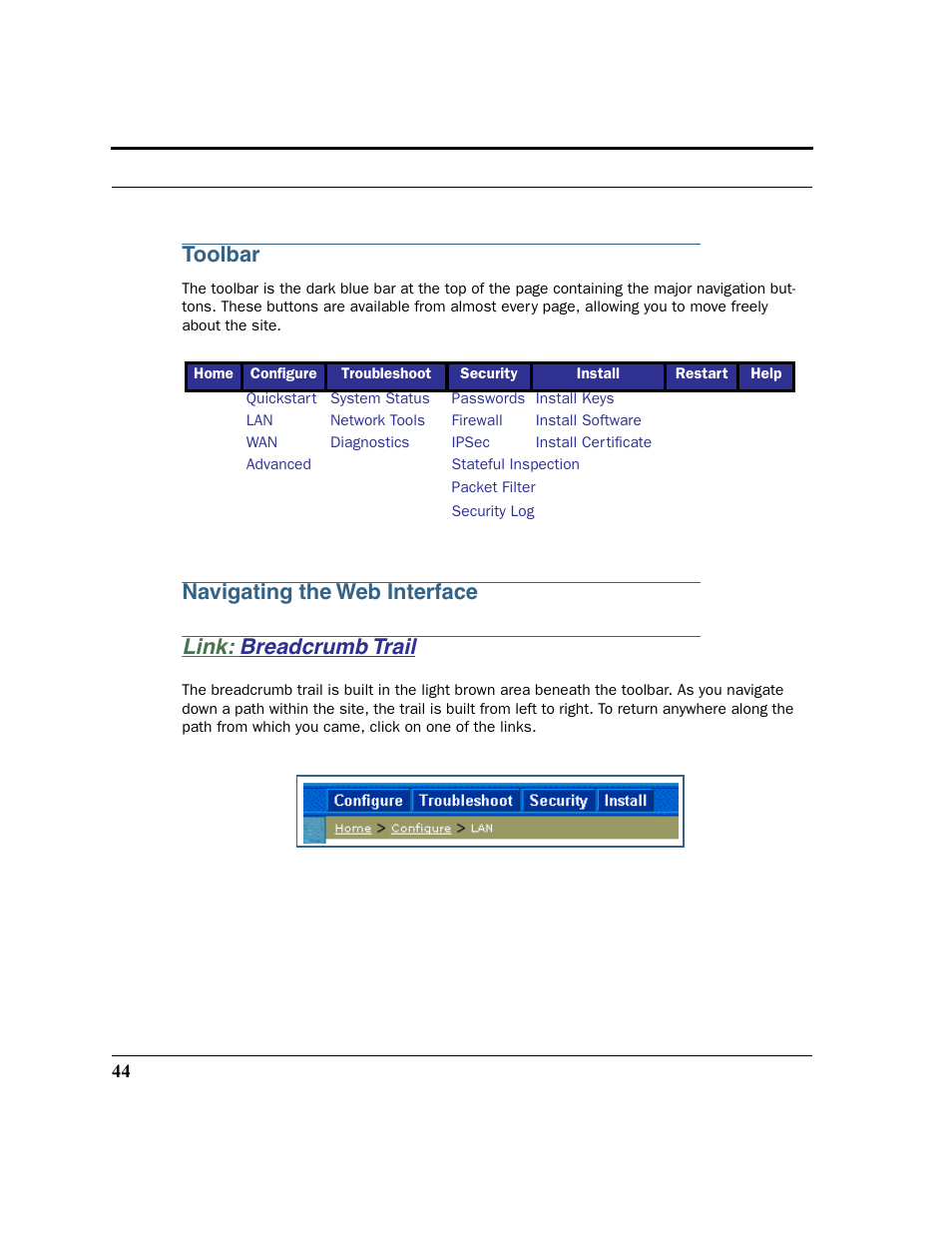 Toolbar, Navigating the web interface, Link: breadcrumb trail | Breadcrumb trail | Netopia 2200 User Manual | Page 44 / 351