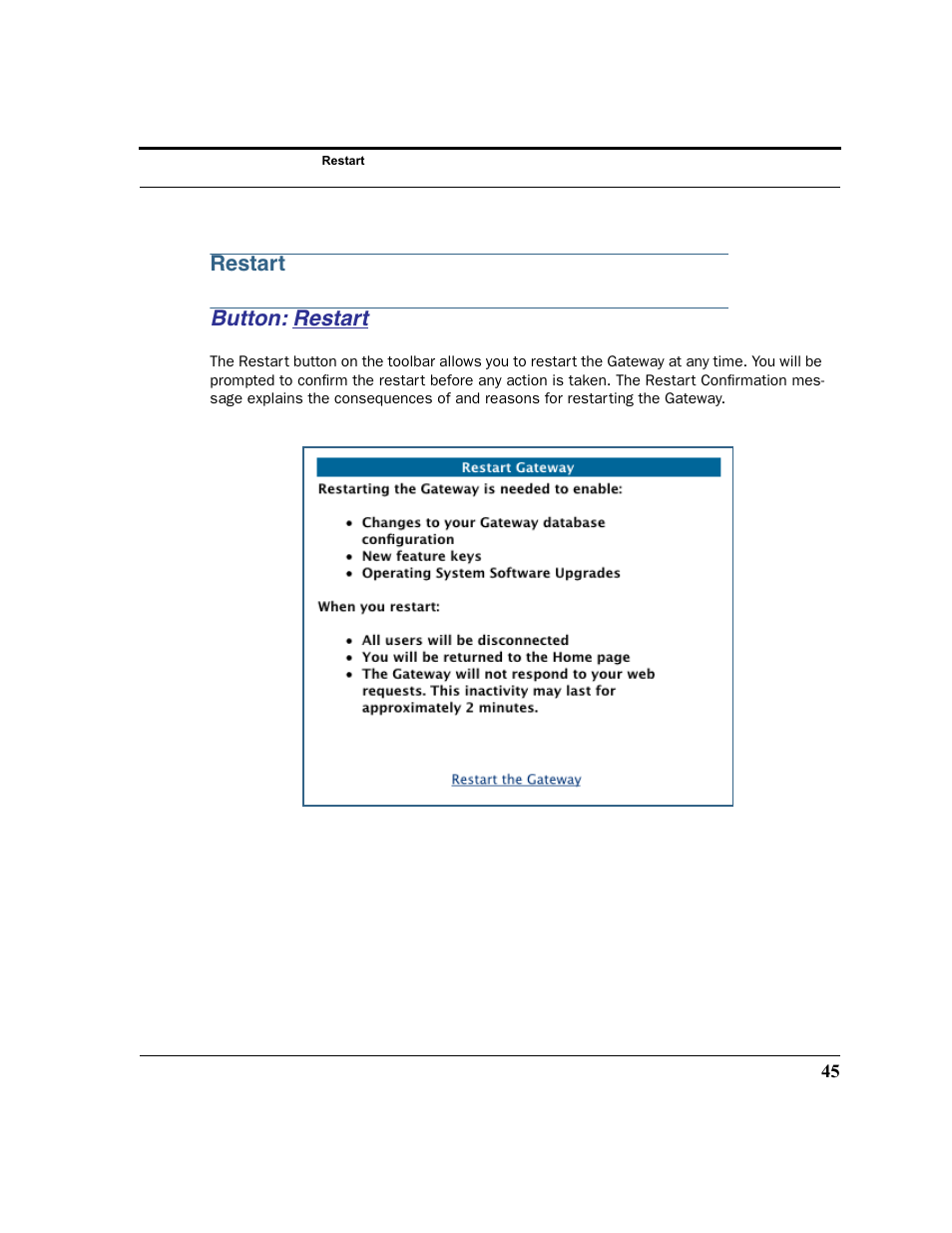 Restart, Button: restart | Netopia 2200 User Manual | Page 45 / 351