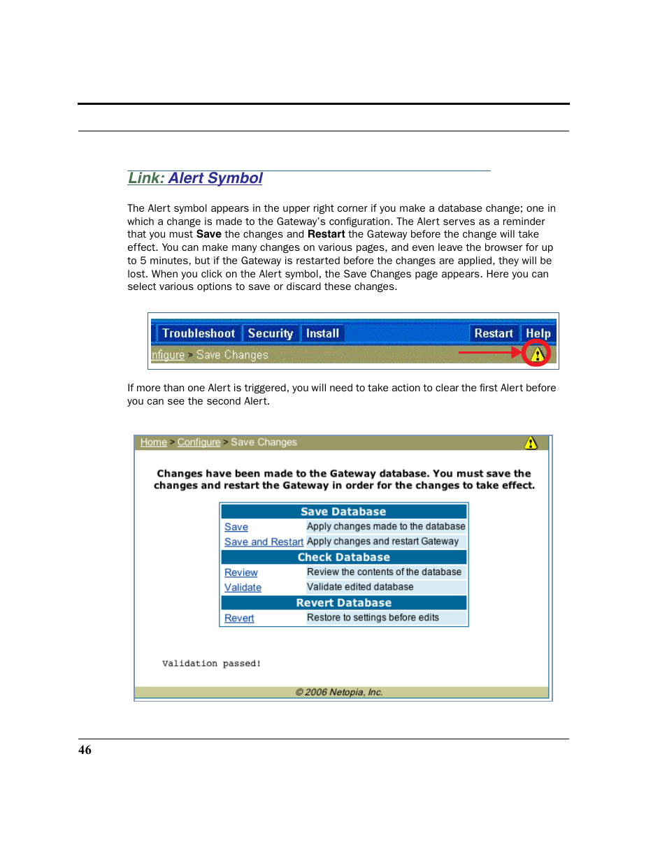 Link: alert symbol, Alert symbol | Netopia 2200 User Manual | Page 46 / 351