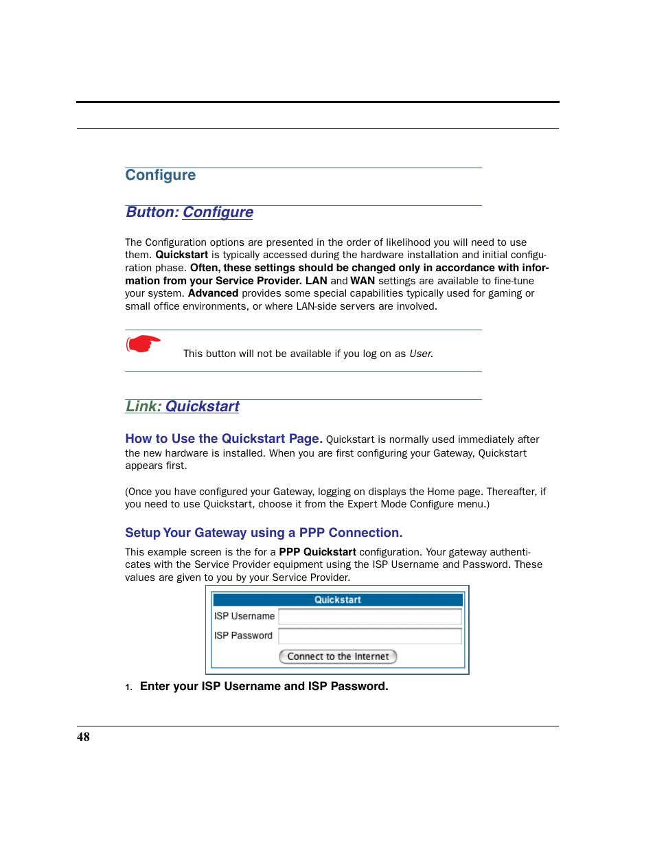 Configure, Button: configure, Link: quickstart | Quickstart, Quickstar t, Button: conﬁgure | Netopia 2200 User Manual | Page 48 / 351