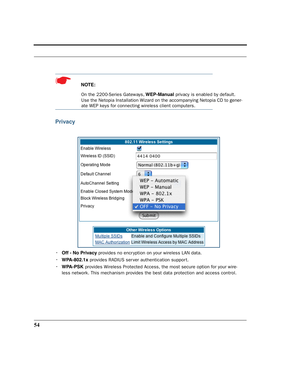 Privacy | Netopia 2200 User Manual | Page 54 / 351