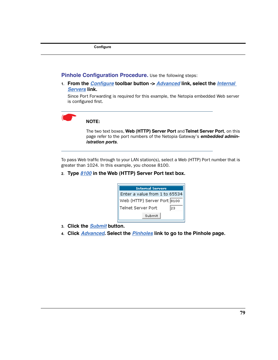 Pinhole configuration procedure | Netopia 2200 User Manual | Page 79 / 351
