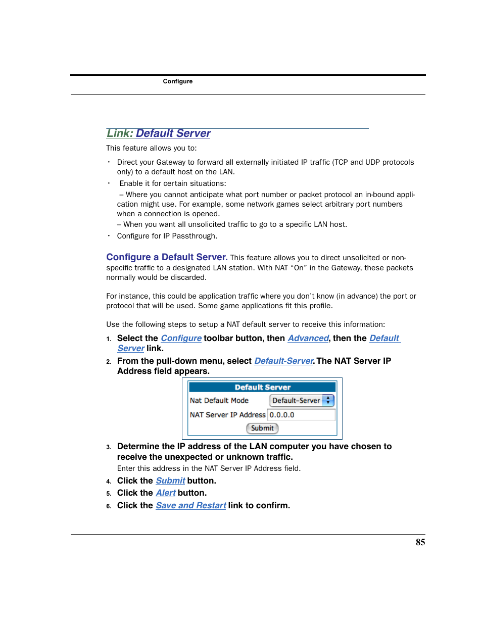 Link: default server, Default server, Configure a default server | Netopia 2200 User Manual | Page 85 / 351