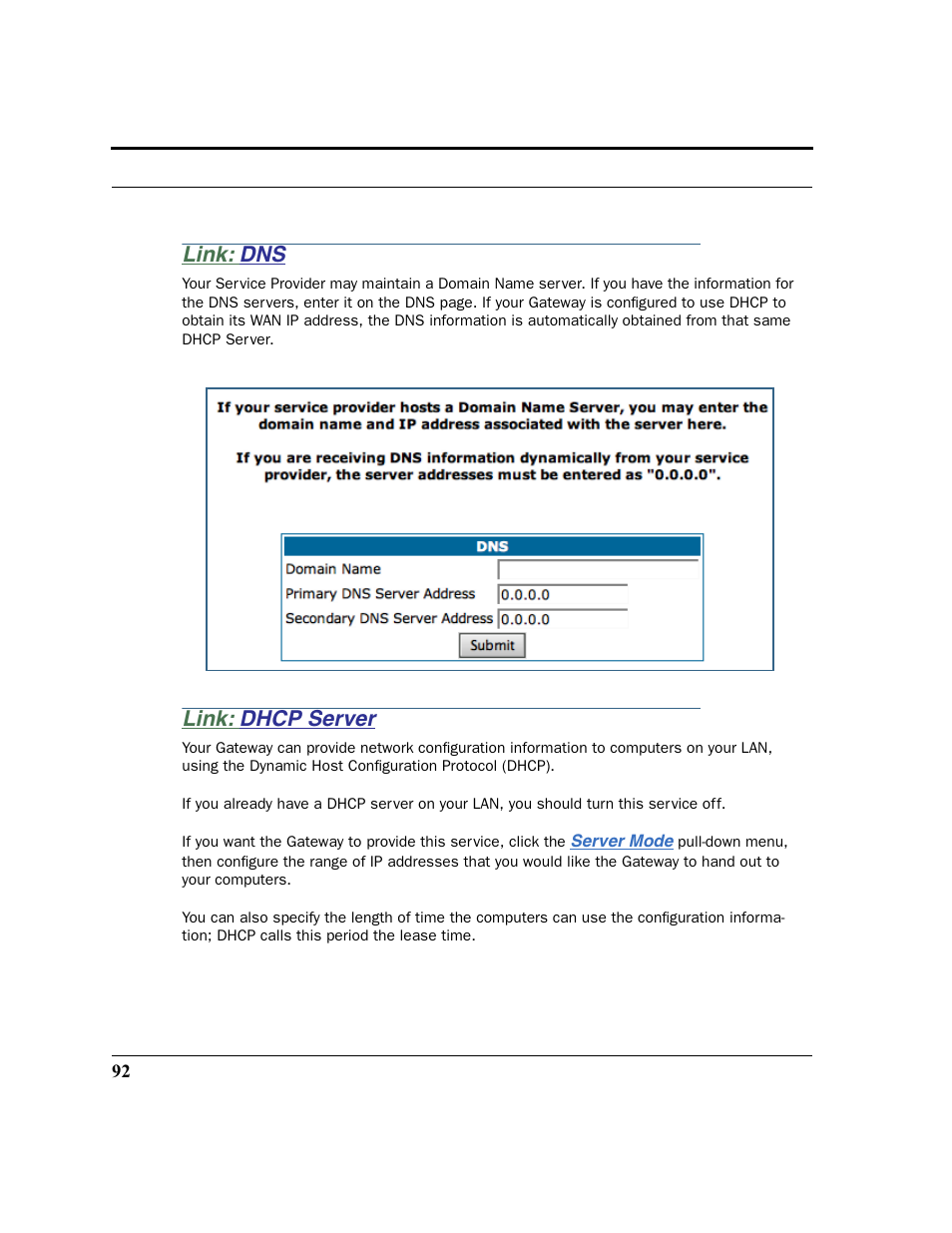 Link: dns, Link: dhcp server, Dns dhcp server | Netopia 2200 User Manual | Page 92 / 351