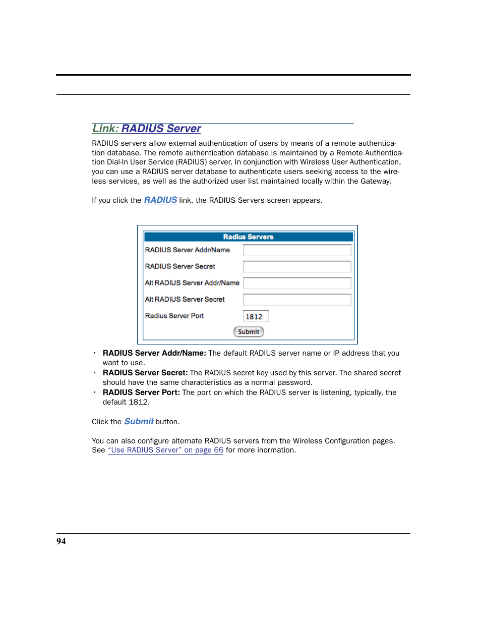Link: radius server, Radius server | Netopia 2200 User Manual | Page 94 / 351