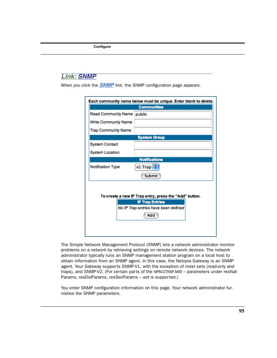 Link: snmp, Snmp | Netopia 2200 User Manual | Page 95 / 351