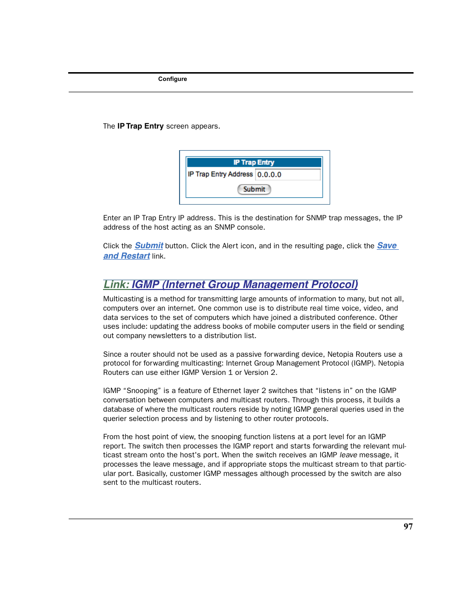 Link: igmp (internet group management protocol), Igmp (internet group management protocol), Ol for igmp snooping. see | Igmp (internet group man | Netopia 2200 User Manual | Page 97 / 351