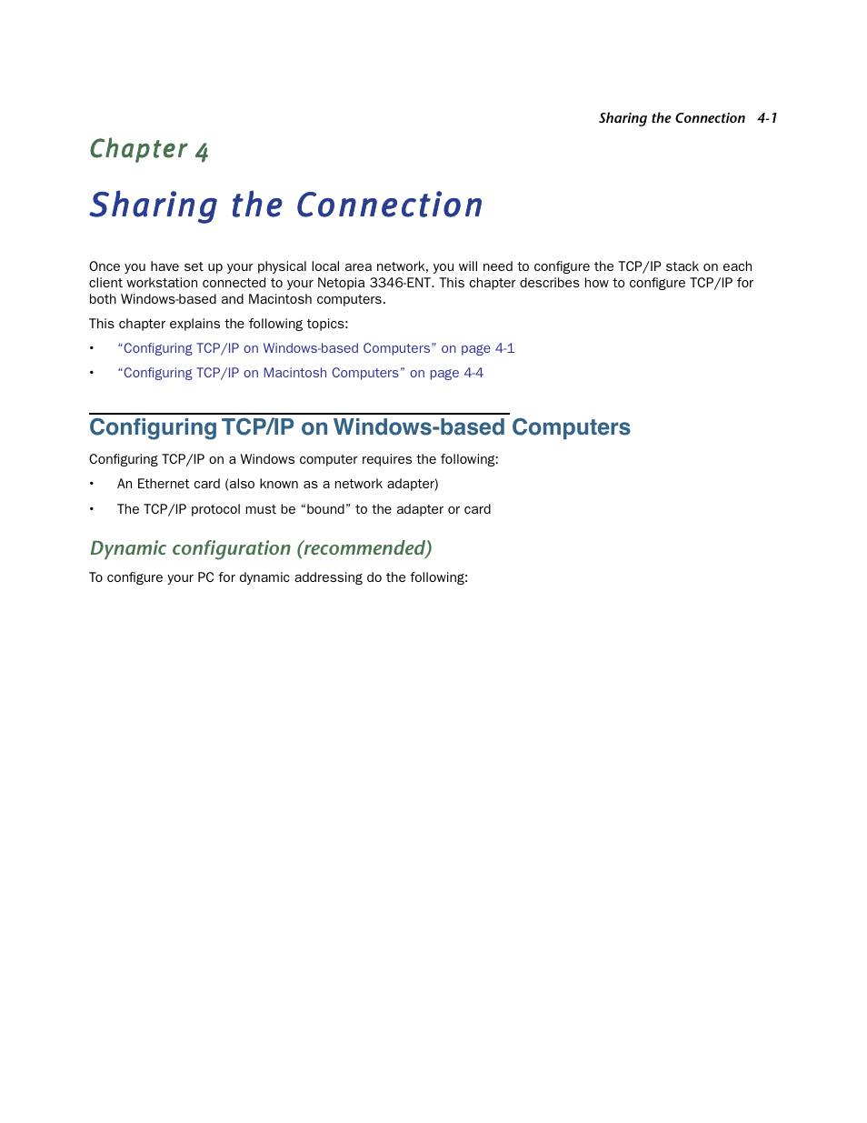 Sharing the connection, Configuring tcp/ip on windows-based computers, Dynamic configuration (recommended) | Chapter 4 — sharing the connection -1, Configuring tcp/ip on windows-based computers -1, Dynamic configuration (recommended) -1, Configuring tcp/ip on, Macintosh computers use either mactcp or open t | Netopia 3346-ENT User Manual | Page 15 / 38