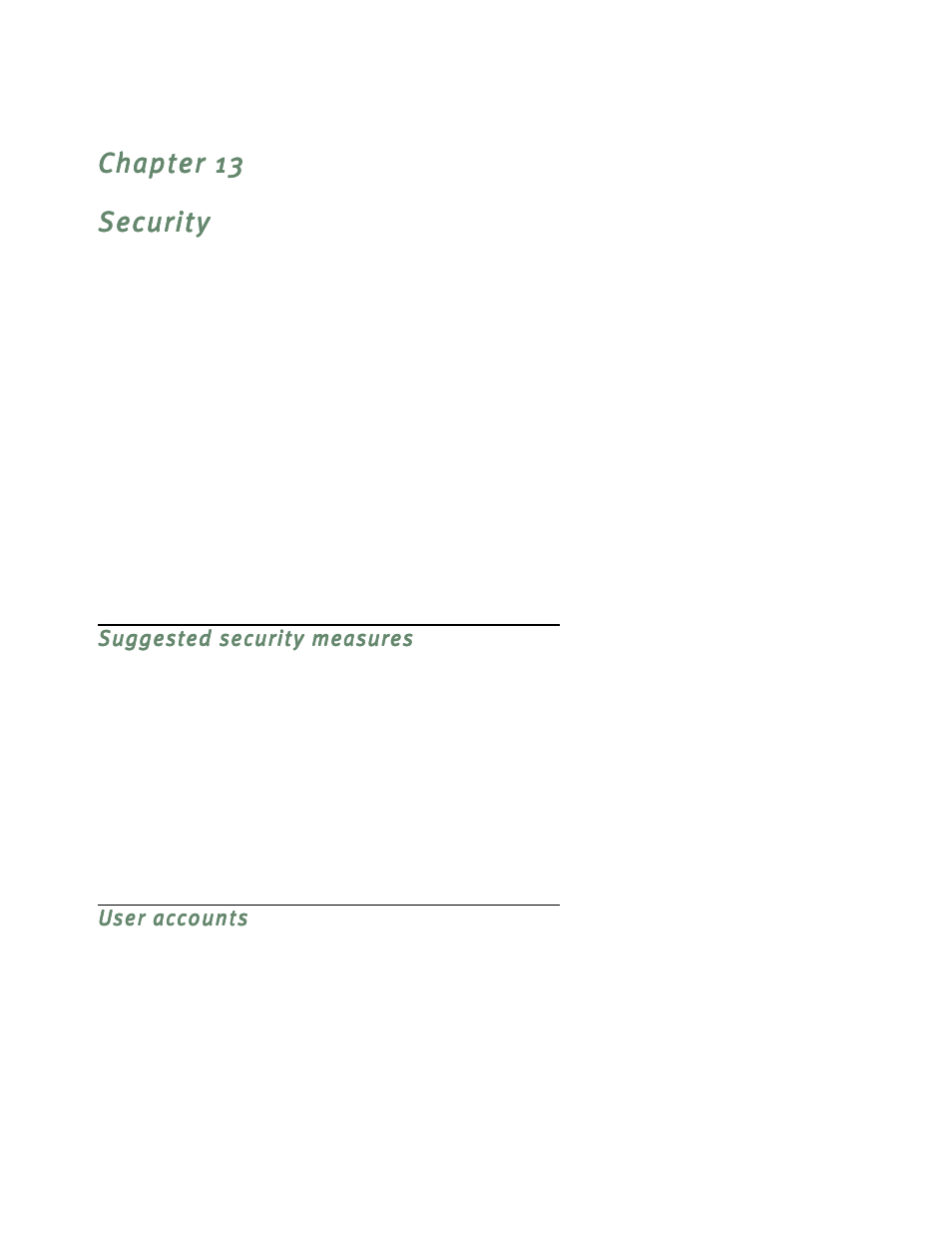 Security, Suggested security measures, User accounts | Chapter 13 — security -1, Suggested security measures -1, User accounts -1, E available. see | Netopia R5300 User Manual | Page 179 / 290