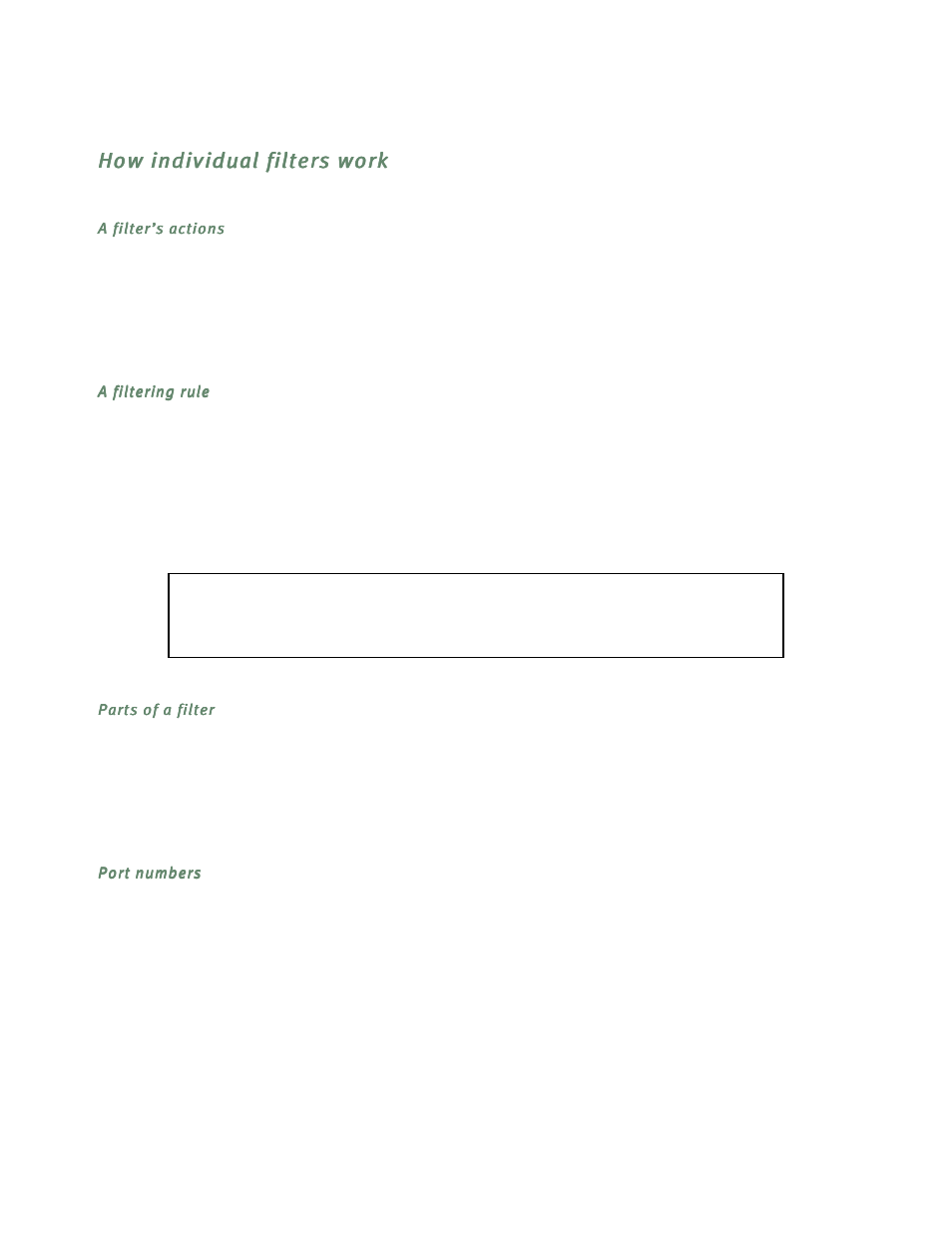 How individual filters work, A filter’s actions, A filtering rule | Parts of a filter, Port numbers, How individual filters work -7 | Netopia R5300 User Manual | Page 185 / 290