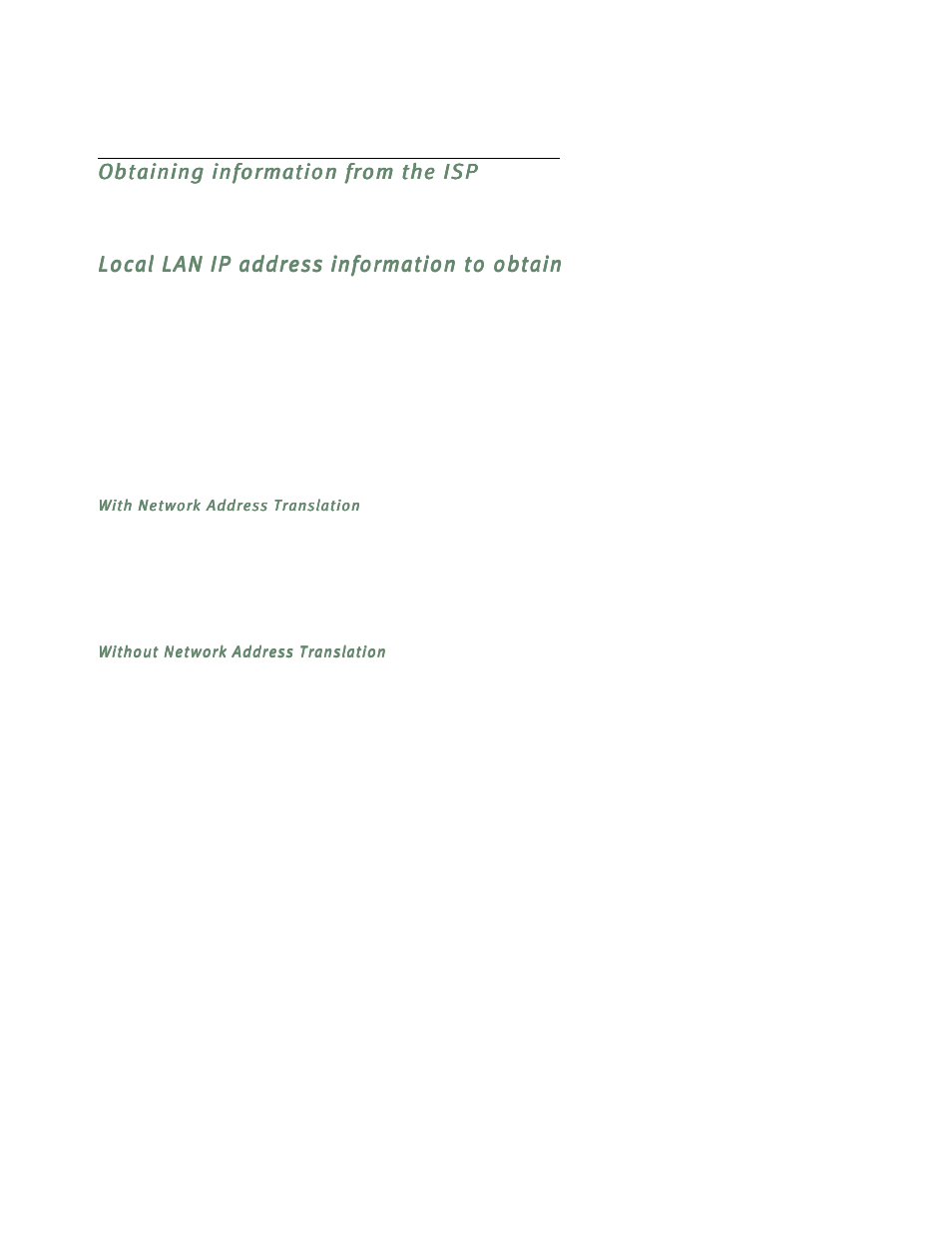 Obtaining information from the isp, Local lan ip address information to obtain, With network address translation | Without network address translation, Obtaining information from the isp -3, Local lan ip address information to obtain -3 | Netopia R5300 User Manual | Page 19 / 290