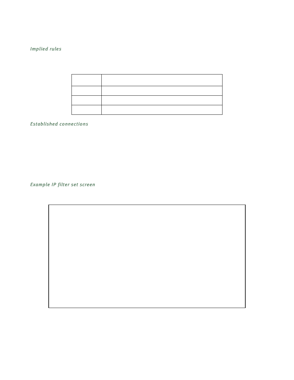 Implied rules, Established connections, Example ip filter set screen | Netopia R5300 User Manual | Page 212 / 290