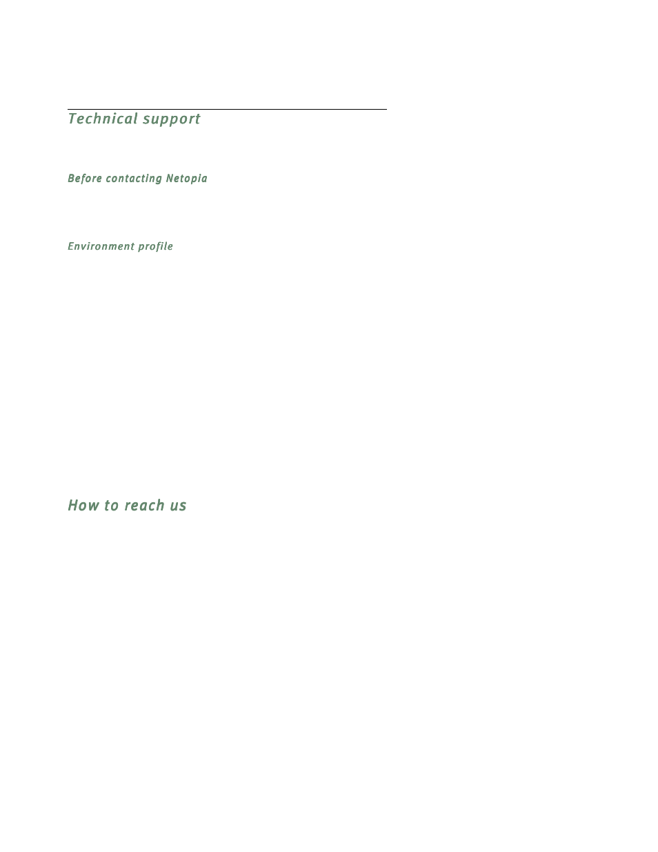 Technical support, Before contacting netopia, Environment profile | How to reach us | Netopia R5300 User Manual | Page 236 / 290