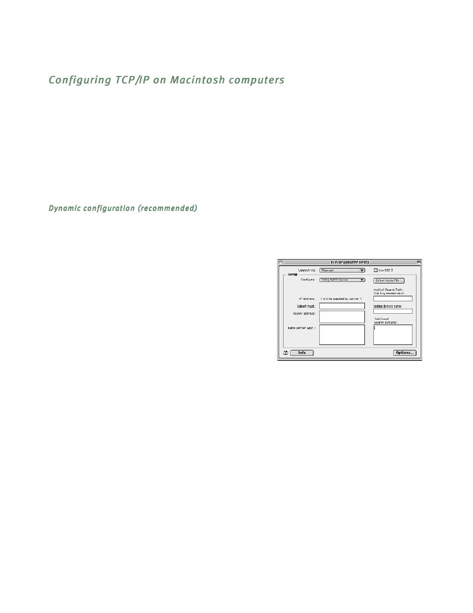 Configuring tcp/ip on macintosh computers, Dynamic configuration (recommended), Configuring tcp/ip on macintosh computers -10 | T. see, Configuring tcp/ip on macintosh, Configuring tcp/ip on macintosh computers” on | Netopia R5300 User Manual | Page 42 / 290