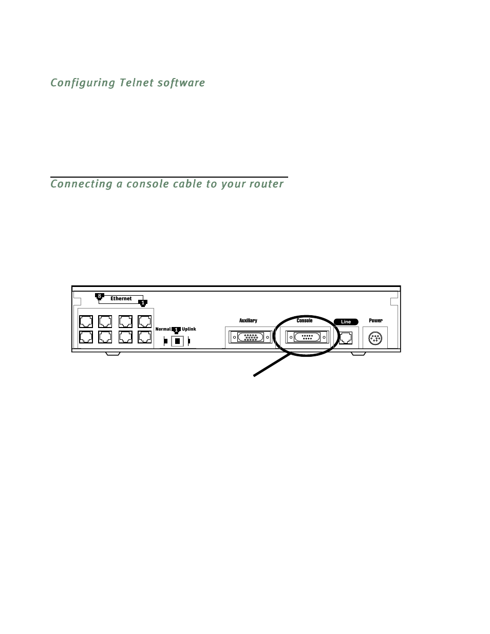 Configuring telnet software, Connecting a console cable to your router, Configuring telnet software -3 | Connecting a console cable to your router -3, Attaching the console cable, see | Netopia R5300 User Manual | Page 49 / 290