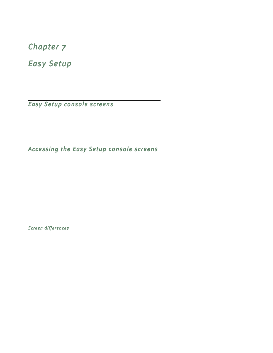 Easy setup, Easy setup console screens, Accessing the easy setup console screens | Screen differences, Chapter 7 — easy setup -1, Easy setup console screens -1, Accessing the easy setup console screens -1 | Netopia R5300 User Manual | Page 51 / 290