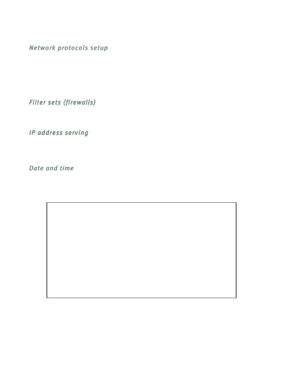 Network protocols setup, Filter sets (firewalls), Ip address serving | Date and time, Network protocols setup -34, Filter sets (firewalls) -34, Ip address ser ving -34, Date and time -34 | Netopia R5300 User Manual | Page 96 / 290