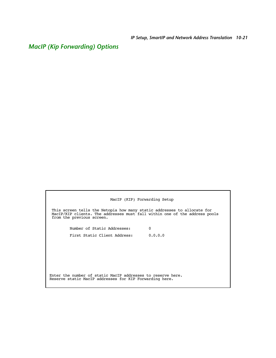 Macip (kip forwarding) options, Macip (kip for warding) options -21 | Netopia R2121 User Manual | Page 125 / 280