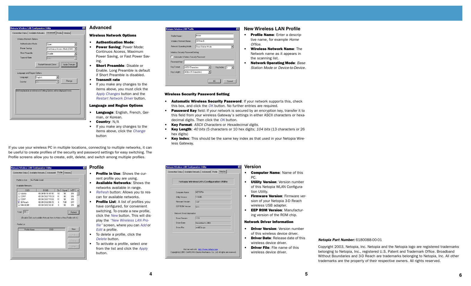 Advanced, Proﬁle, New wireless lan proﬁle | Version | Netopia 3-D REACH 6180088-00-01 User Manual | Page 2 / 2