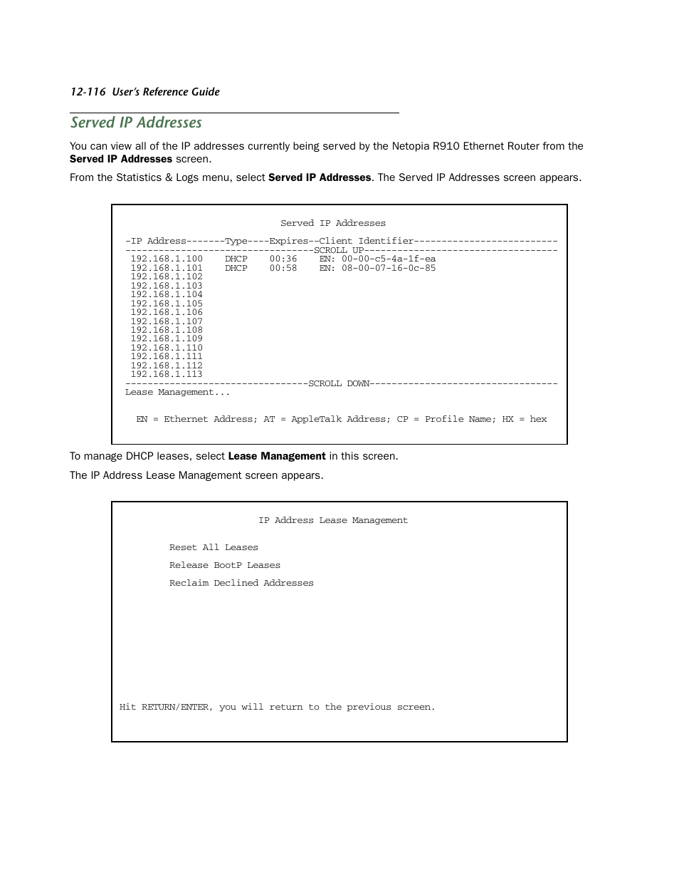 Served ip addresses, Ser ved ip addresses | Netopia R910 User Manual | Page 116 / 209