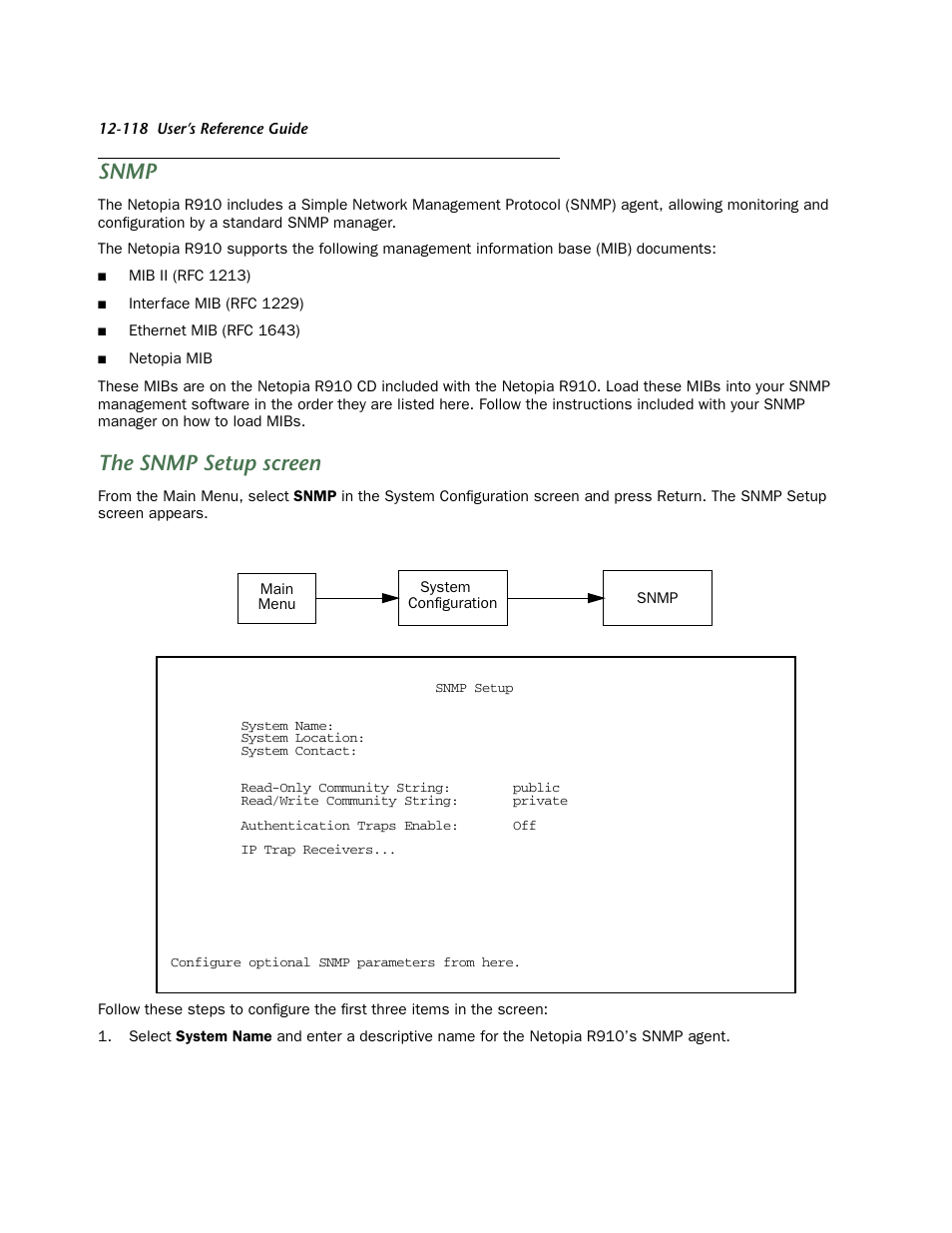 Snmp, The snmp setup screen | Netopia R910 User Manual | Page 118 / 209