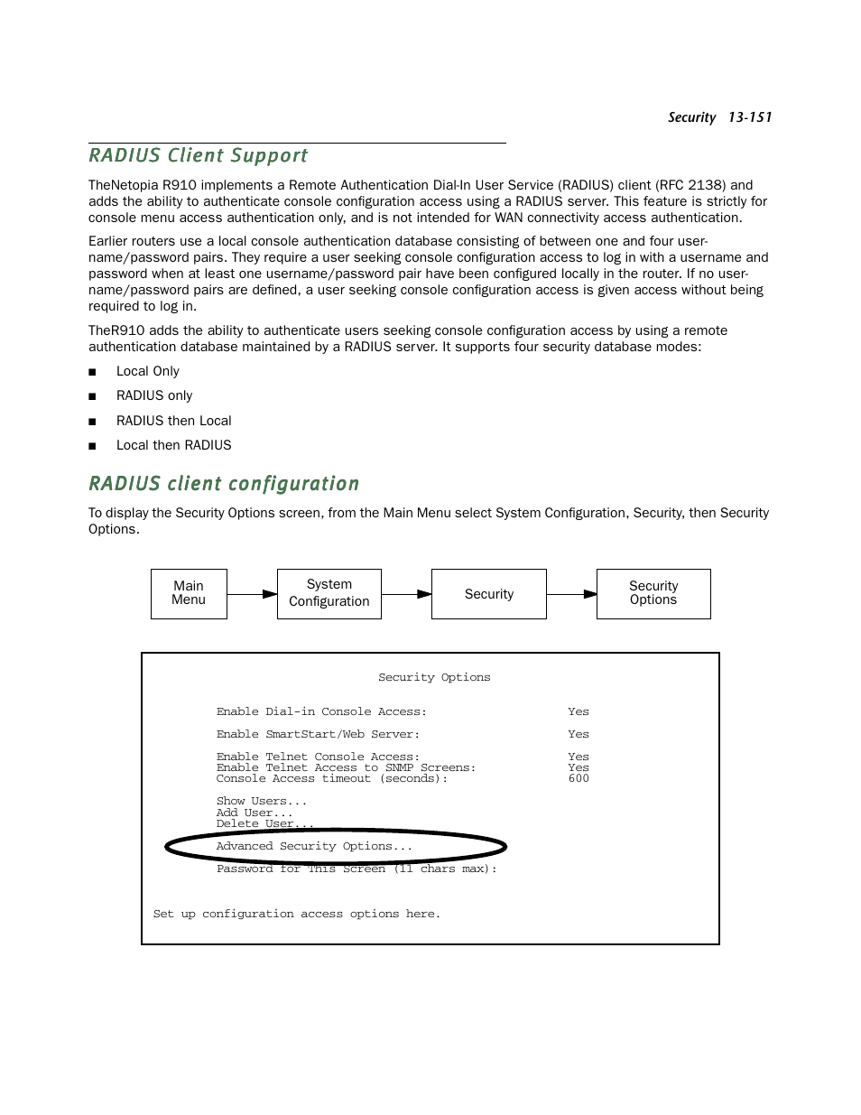 Radius client support, Radius client configuration, Radius client suppor t | Netopia R910 User Manual | Page 151 / 209