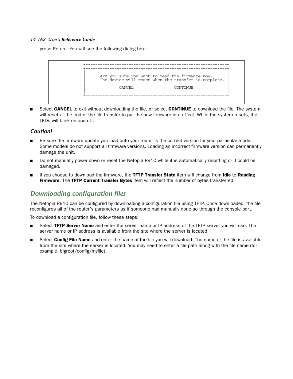 Downloading configuration files, Caution | Netopia R910 User Manual | Page 162 / 209