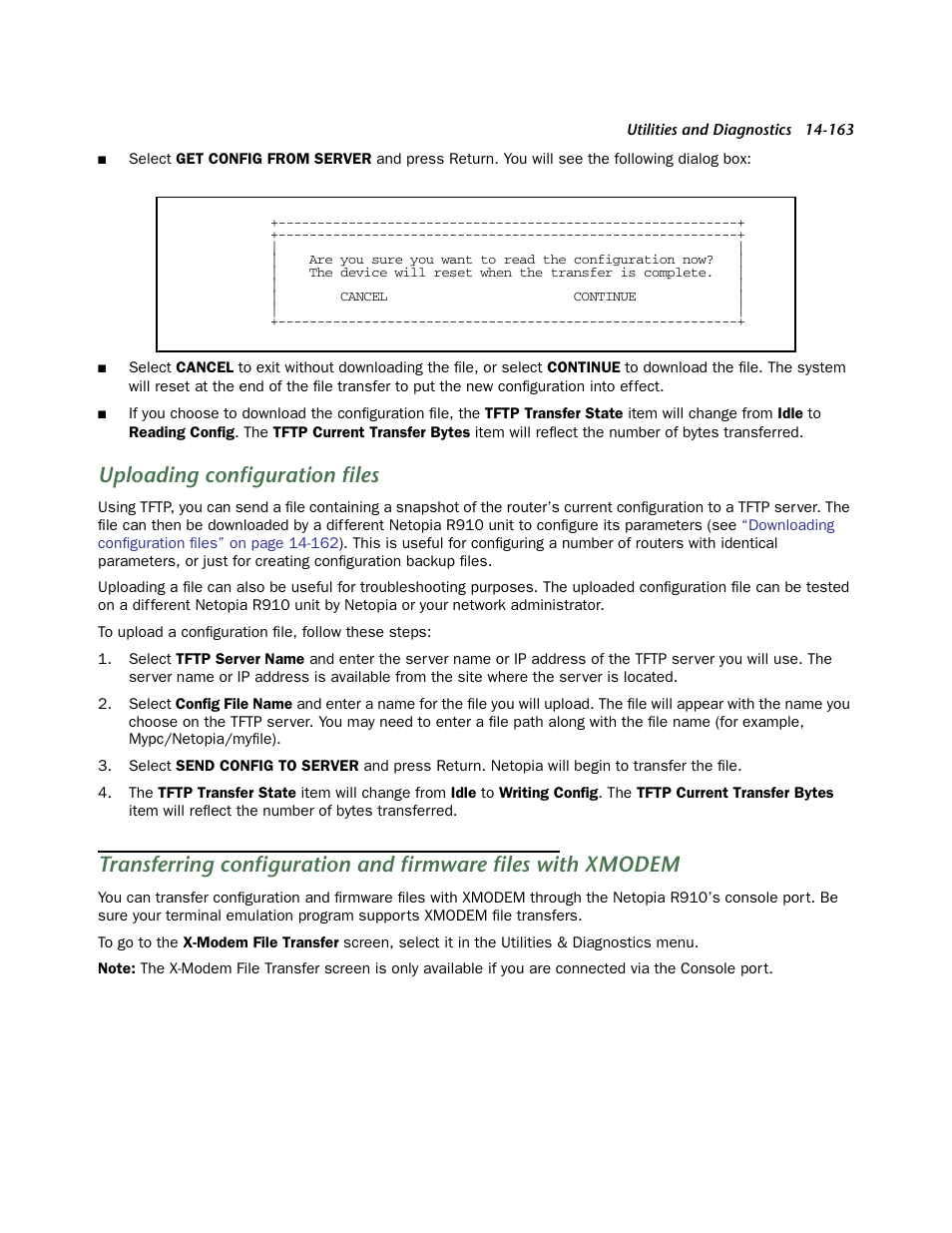 Uploading configuration files, Transferring configuration and firmware files | Netopia R910 User Manual | Page 163 / 209