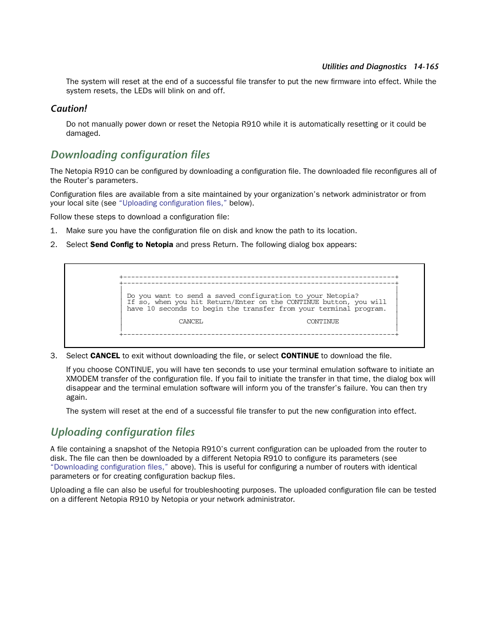 Downloading configuration files, Uploading configuration files | Netopia R910 User Manual | Page 165 / 209