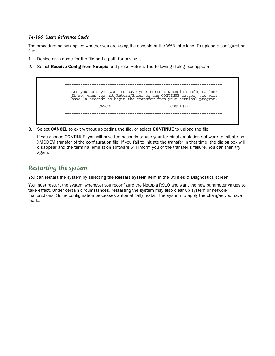 Restarting the system, Restar ting the system | Netopia R910 User Manual | Page 166 / 209