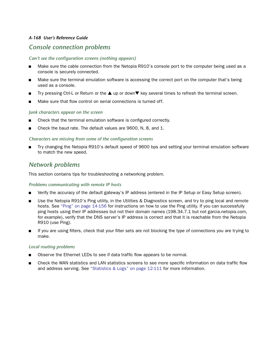 Console connection problems, Network problems | Netopia R910 User Manual | Page 168 / 209