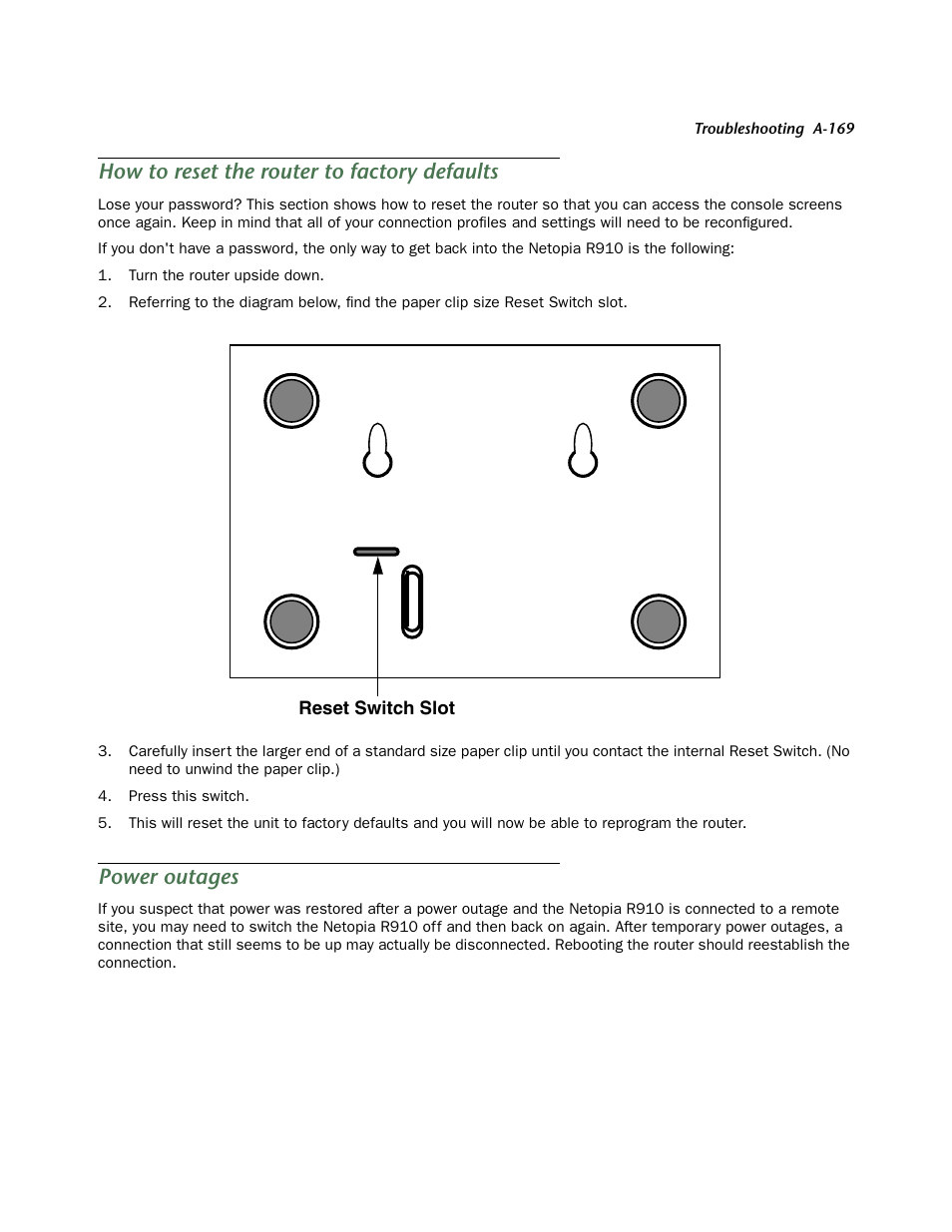 How to reset the router to factory defaults, Power outages, How to reset the router to factor y defaults | Netopia R910 User Manual | Page 169 / 209