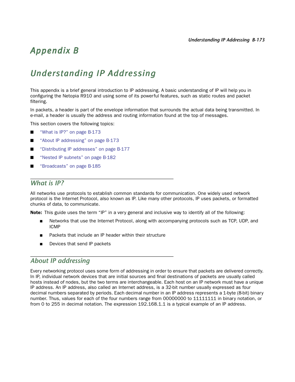 Understanding ip addressing, What is ip, About ip addressing | Appendix b, “understanding ip addressing, Appendix b, “understanding ip, Addressing | Netopia R910 User Manual | Page 173 / 209