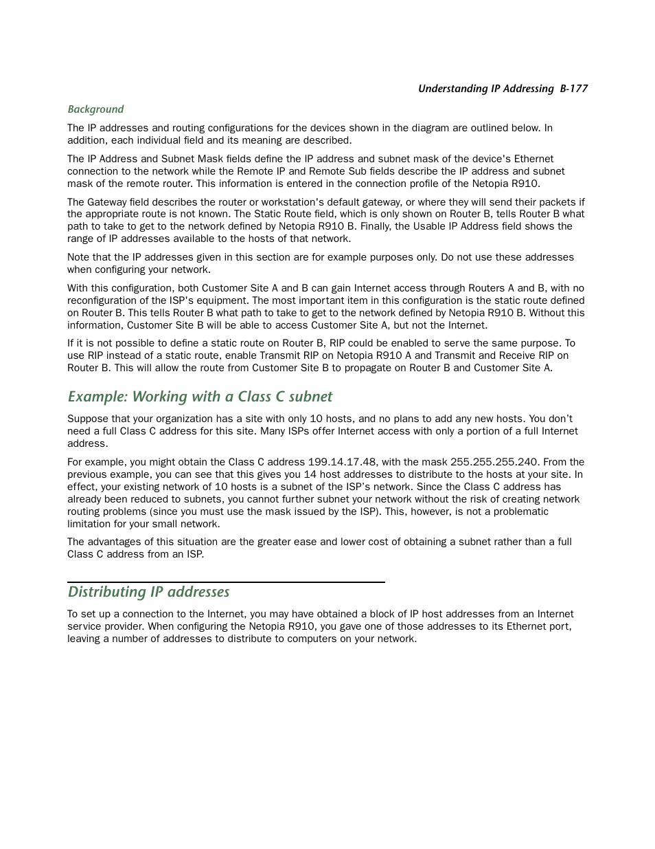 Example: working with a class c subnet, Distributing ip addresses | Netopia R910 User Manual | Page 177 / 209