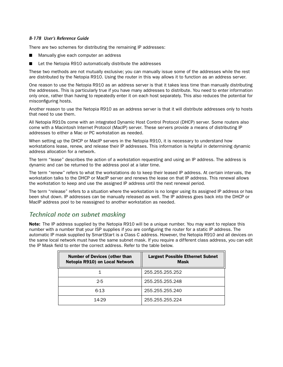 Technical note on subnet masking | Netopia R910 User Manual | Page 178 / 209