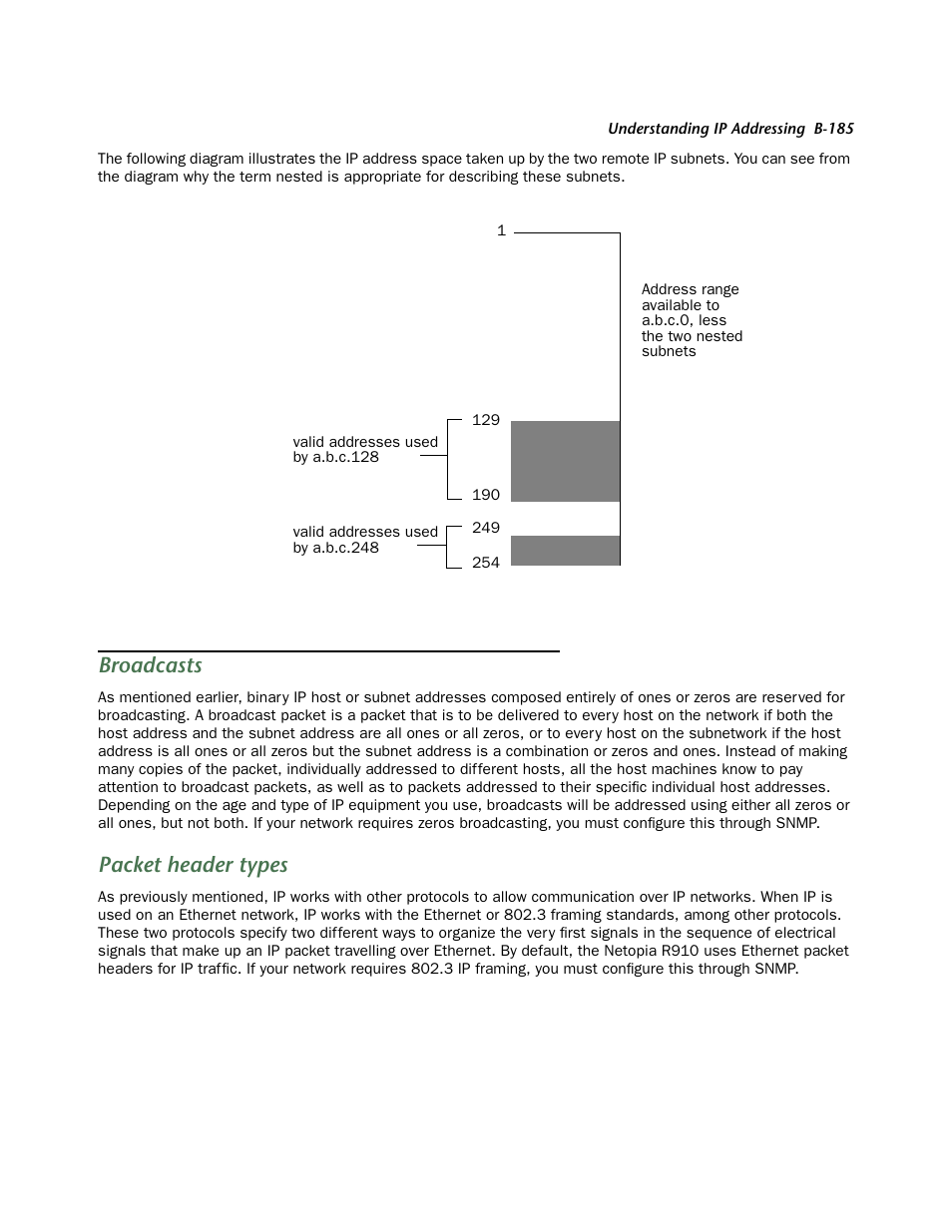 Broadcasts, Packet header types | Netopia R910 User Manual | Page 185 / 209