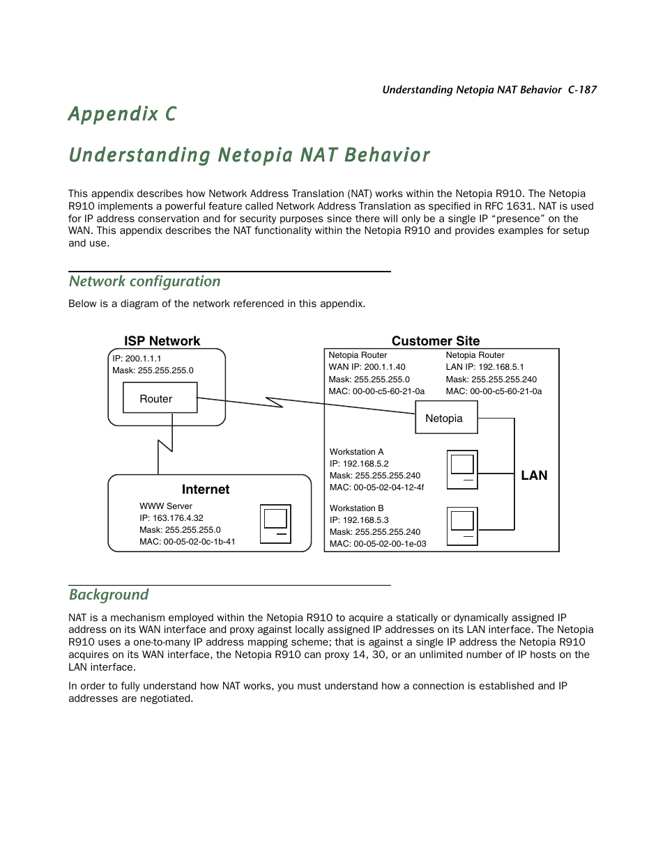 Understanding netopia nat behavior, Network configuration, Background | Appendix c, “understanding netopia nat behavior, This chapter describes, Appendix c, “understanding, Netopia nat behavior | Netopia R910 User Manual | Page 187 / 209